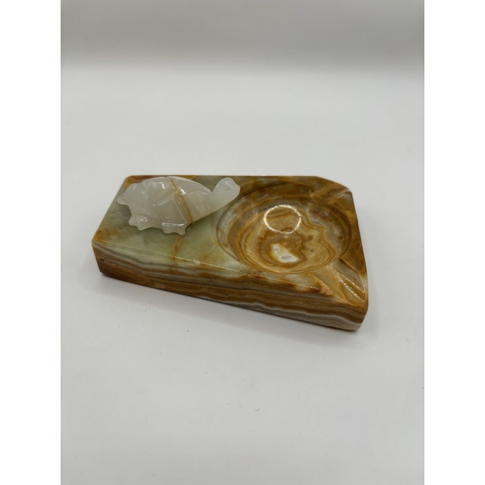 Vintage Carved Onyx Marble Stone Ashtray Natural Stone Tobacco Decor With Turtle